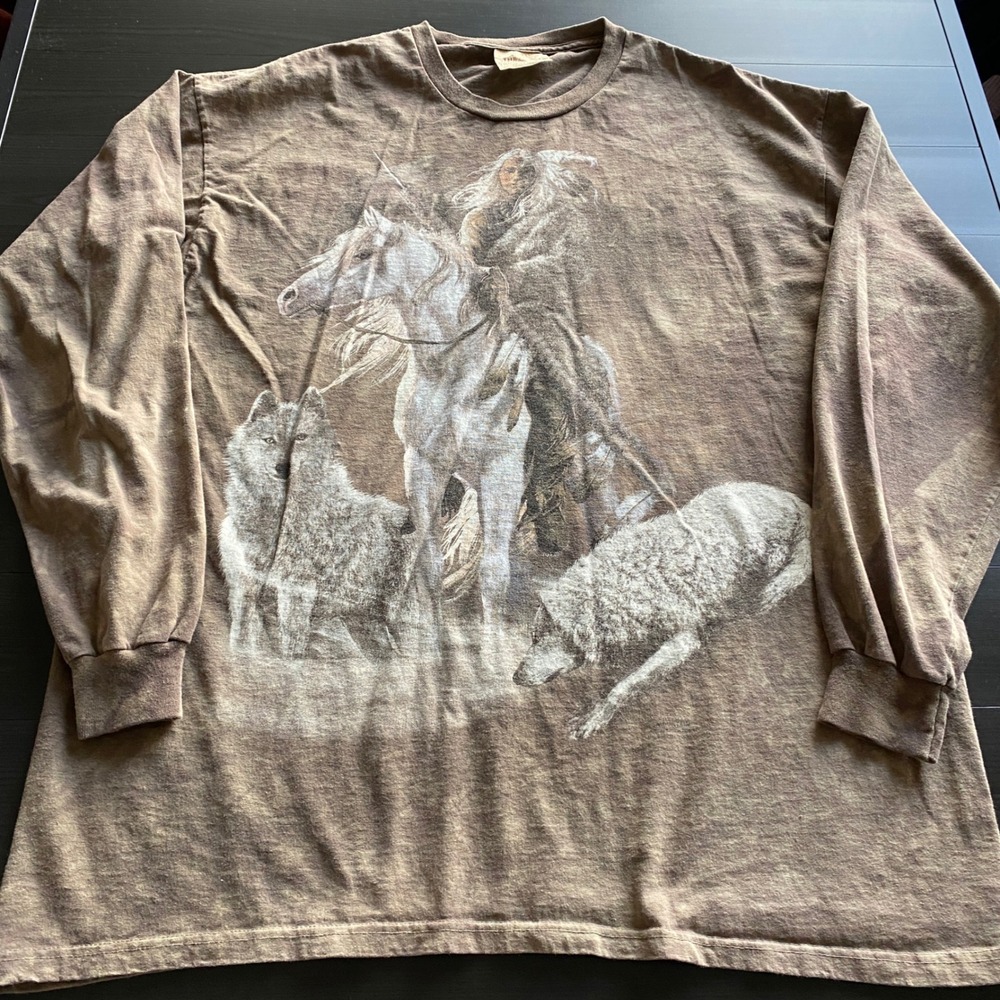 The Mountain Shirt Mens XXL Native American Horse Wolves Graphic Long Sleeve
